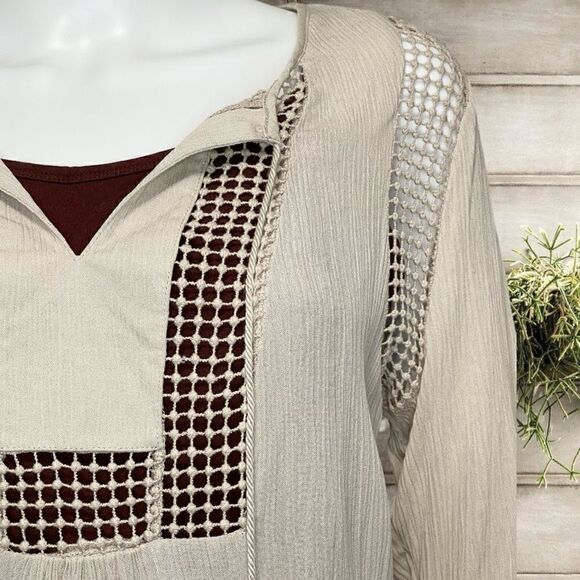 BOHO Embroidered Peasant Top Taupe Beige Tan Crepe Joseph A. Sz S - Picture 4 of 9